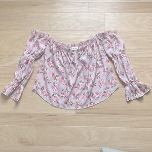 PEACH LOVE California Small Pink Floral
Off Shoulder Elastic Bell Sleeve Blouse